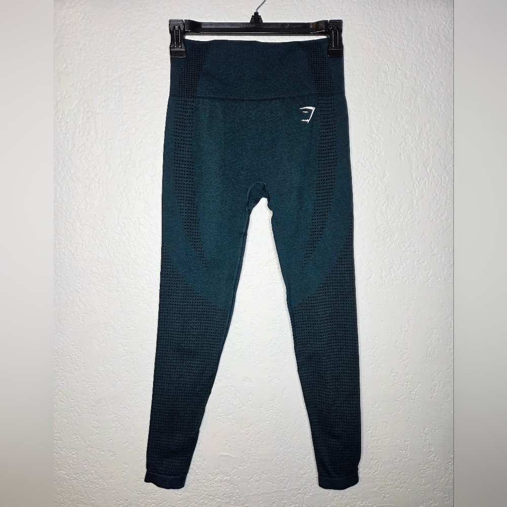 Gymshark Dark Green Teal Leggings w Logo Size Small Workout Athleisure Ankle